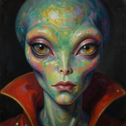 baroque neoclassicist close - up portrait of a dark and colorful retrofuturistic alien magician gazing intensely with big eyes. iridescent and reflective texture. highly detailed science fiction painting by norman rockwell, frank frazetta, and syd mead. rich colors, high contrast, gloomy atmosphere. trending on artstation and behance.