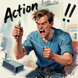 zak bagans holding scientific equipment, enraged, painting by phil hale, 'action lines'!!!, graphic style, visible brushstrokes, motion blur, blurry