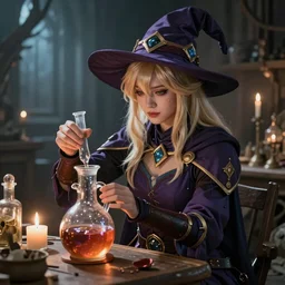 An epic fantasy comic book style portrait painting of a light witch brewing a healing potion in her workshop, unreal 5, DAZ, hyperrealistic, octane render, cosplay, RPG portrait, dynamic lighting