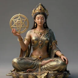 in the style of hyper-realism, digital art, concept render, artstation. A goddess holding a sri yantra symbol
