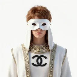 portrait of masked dune dynasty with chanel clothes, white background, chanel logo, 8 k, symmetrical, 3 d render, octane render, insane details