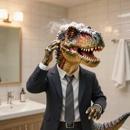 photo of a dinosaur wearing a suit suffering from a bad dandruff problem in his bathroom, shampoo advert