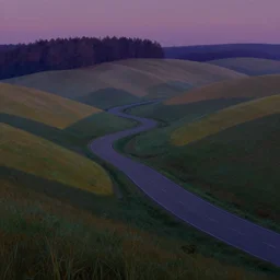 a road weaving through rolling hills from the edge of a forest at dusk. perspective landscape fantasy. strong shadows. deep colorful soft gradients, and translucence. by norman rockwell and eyvind earle. artstation