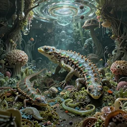 biomechanical fauna, artificia, gekko soles, aliena, mollis, fluida, unspaceship, gelatinosis glass, the omni, retro futurism, by peter mohrbacher, lush layered, octane render, fluox symbiosi crusta, nudibranch, gelatin brains, gekkolings, vortices micro water, phantastica, chaos