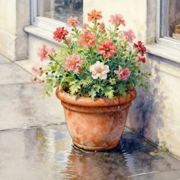 a beautifull intricate watercolor painting of potted planter with flowers inside sitting on wet sidewalk, reflexions, high details by william turner art