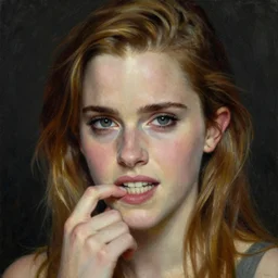 oil painting of emma watson giving biting her lip seductive look. beautiful detailed face. by artgerm and greg rutkowski and alphonse mucha