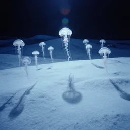 the first snow on a young earth, majestic landscape, long shadows, glowing white jellyfish, glowing snow, still frame from the voyage of time movie by terrence malick with cinematogrophy of emmanuel lubezki with art direction of giger, ultra wide 8 mm lens, anamorphic optical flares, 8 k