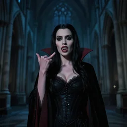 elisha cuthbert as a vampire showing her fangs in a gloomy gothic cathedral at nigt