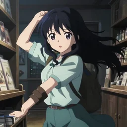 anime visual, portrait of a young female traveler in a alchemist's shop interior, cute face by yoh yoshinari, katsura masakazu, studio lighting, dynamic pose, dynamic perspective, strong silhouette, anime cels, ilya kuvshinov, cel shaded, crisp and sharp, rounded eyes, moody, ( ( cool colors ) )