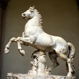 a detailed marble sculpture of a horse, rearing dramatically, by michelangelo