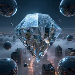 gigantic city, random metaballs, diamond glass, city inside is distorted by light refraction, night fog, clouds, the matrix