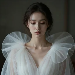 hight focus f - 2 2, 8 5 mm, iso 1 0 0 : a wonderful realistic focused sweet face mid portrait of a lonely woman with a detailed wonderful symmetrical face who is dressed with a wonderful, majestic, large semi transparent white cotton dress, dramatic light, octane render - 8 k