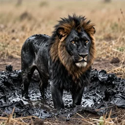a black lioness made of ferrofluid bathing inside the tar pit full of tar, covered with tar. dslr, photography, realism, animal photography, color, savanna, award winning wildlife photography