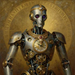 portrait of a mechanical robot wizard, intricate ornate jewellery, clockwork steampunk, biomechanical, runes, painting by greg rutkowski and gustave dore