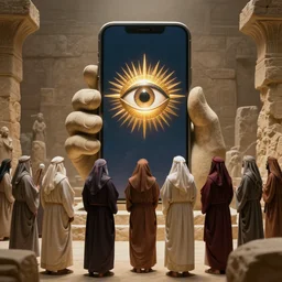 Robed men and women worshipping a giant statue of a smartphone with an illuminati eye on the screen. Archaeological discovery, Ultra high resolution, photo realistic, depth of field, award winning, cinematic, color graded