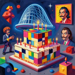 A surreal neon painting of Zaha hadid 3d kandinsky birthday cake made of cubism futuristic picasso cake candles in 3 point perspective by hr giger and Vladimir kush and dali and kandinsky, 3d, realistic shading, complimentary colors, vivid neon colors, aesthetically pleasing composition, masterpiece, 4k, 8k, ultra realistic, super realistic,
