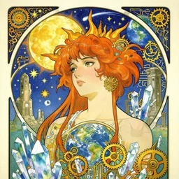 art nouveau portrait of a sun and moon and stars and a comet and the planet earth, magical crystals, ancient ruins, rich bright cartoon colors, intricate, ornate, circuitry, gears, painted, extremely hyperdetailed, art deco, anime, sharp focus