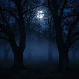 a wooded land of thick gnarled trees and black fog hanging over the woods beneath an everlasting night, night sky, full moon, dark blue colors, by asher brown durand and chesley bonestell