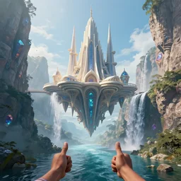 first person perspective digital illustration of a floating palace by beeple and Roger Dean:1|rivers, waterfalls, and gemstone cliffs, fantasy, horizontal symmetry, cinematic, architectural design by Frank Gehry:0.9|Unreal Engine, Octane, finalRender, devfiantArt, artstation, artstation HQ, behance, HD, 16k resolution:0.8