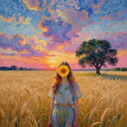 girl with flower face in empty wheat field, surreal photography, colorful clouds, tree, impressionist painting, colorful clouds, digital painting, pointillism, sunset, artstation, simon stalenhag