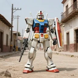 A gundam war machine standing in the street of an old dusty Mexican town, photorealistic, weapon