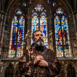 double exposure of a bearded benedictine abbot blending into a beautiful stained glass window in the style of chartes cathedral