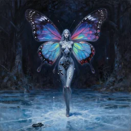 a tall slender butterfly priestess made of shattered hopes and mystical dreams, grimdark fantasy painting of a cosmic butterfly on a shadowed forest background. the avatar of a butterfly goddess dancing on a frozen lake in the darkness void realm. a painting in neon inks, by wayne reynolds, by claude monet, by carl critchlow, by piet mondrian