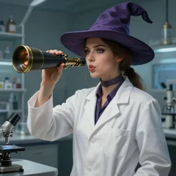 an anthropomorphic beautiful female scientist portrait holding a telescope blowing bonk robe in a lab, fine art, award winning, intricate, elegant, sharp focus, octane render, hyperrealistic, wizard hat cinematic lighting, highly detailed, digital painting, 8 k concept art, art by jamie hewlett and z. w. gu, masterpiece, trending on artstation, 8 k