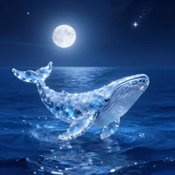 a crystal whale peeking out of the blue sea, a full moon illuminating the sea in the dark night, the stars shining, a dreamy crystal atmosphere ， super wide angle ， matte painting ， rtx on ， trending on cgsociety and artstation, volumetric light ， surreal