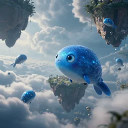 close up of blue shiny creatures flying through floating islands, extreme cloud formations, uncanny, cinematic lighting, thomas cole, still from inside out, octane render, ray tracing, volumetric lighting, 4 k