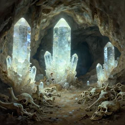 a cave with huge glowing crystals in the walls and piles of bones on the floor, art by donato giancola and greg rutkowski