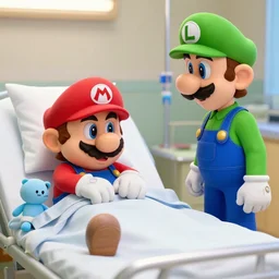 very sad mario visiting luigi in hospital
