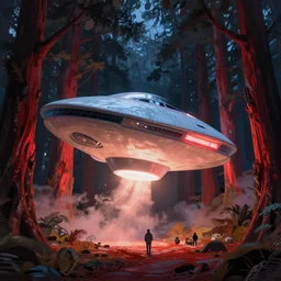 matte painting Zaha Hadid style glowing spaceship ready to lift off in clearing in dreamy redwood tree fantasy Forest at night. Forest is lit by ombre glow. Ufo. Digital painting. Beeple. Noah Bradley. Cyril Roland trending on artstation.