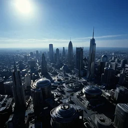 aerial view of a science-fiction cityscape, cinematic angle, cinematic lighting, blue sky, sun in the sky, by Syd Mead, John Harris, Federico Pelat