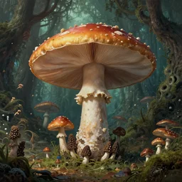 the big mushroom, a beautiful hyper realistic detailed concept art of a fractal eldritch and fascinating mushroom forest with morels and reishi spores plethora by andreas rocha and john howe and dan mumford and albert bierstadt, nausicaa, sharp detail, cinematic, medieval veduta, ultrawide angle, artstation, pinterest
