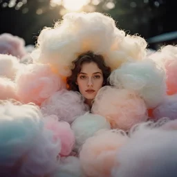 An vintage analog head and shoulder frontal face portrait photography of a woman surrounded!! by thousand! fluffy soft giant!! oversized!! pastel colorful cotton balls by tim walker. Kodak Portra 800 film. shallow depth of field. (Depth of field). whirl bokeh!!. Golden hour. detailed. hq. realistic. warm light. muted colors. dark Mood. Filmic. Dreamy. lens flare. Mamiya 7ii, f/1.2, symmetrical balance, in-frame