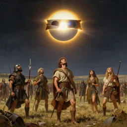 a total solar eclipse fills the sky, warriors on an ancient battlefield stop and look up as the sky goes dark. 5 0 0 bc. clear, detailed, well composed beautiful painting by michael whelan and artgerm and magali villanueve, dramatic lighting, rich colors.