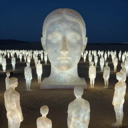 simplicity, high exposure desert at night, glowing marble sculptures of a crowd of people everywhere, portrait face, dusk ethereal, by miles johnston, by william godward, by moebius, by simon stalenhag, by gustave dore, by andrew jones, by pekka halonen, by beeple, volumetric lighting, masterpiece