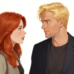 a woman with red hair talking to a man with blonde hair, art by david aja