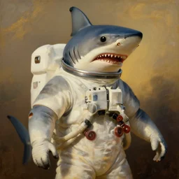 humanoid shark cosmonaut shark headed, proudly posing for a portrait, painted by rembrandt, intricate, detailed, atmospheric lighting, golden hour.