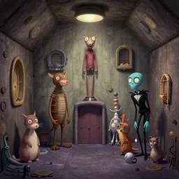 underground house with unusual animals. digital drawing by wes anderson, jean pierre jeunet, tim burton, tomm moore. high quality, smooth, 4 k.