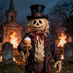portrait photo still of a spooky scarecrow holding a cupcake, wearing a top hat, in front of an old cemetery on fire at night, 8 k, 8 5 mm f 1. 8