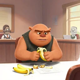courtroom sketch of Grug from the Croods on trial for eating all the bananas
