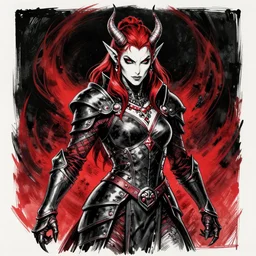 ((intimidating)) portrait commission of a D&D Tiefling!!! Rouge wearing black leather armor, doing an intimidating pose, race is tiefling!!, Black Background with red swirls, character design by charlie bowater, detailed, inked, western comic book art