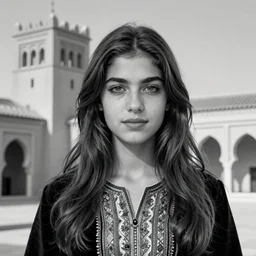 black and white - portrait of a beautiful girl in a moroccan castle by jean gerome, edward hopper and jenny saville and james jean, hyper detail, 8 k, high resolution, ultra detailed