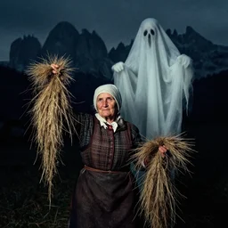 1 9 2 0 s spirit portrait photography of an old female farmer 0 0 0 0 0 turning into a krampus ghost with hay cloth in the dolomites, by william hope, dark, eerie, grainy