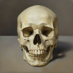 hyperrealism painting of a skull on a table, soft shadows