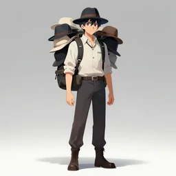 full body portrait character concept art, anime key visual of the hat salesman with a backpack full of hats, studio lighting delicate features finely detailed perfect face directed gaze, gapmoe yandere grimdark, trending on pixiv fanbox, painted by greg rutkowski makoto shinkai takashi takeuchi studio ghibli