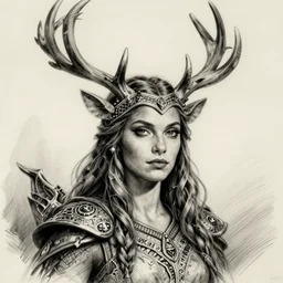 portrait of traci lords as a druid with antlers, D&D, fantasy pen and ink by virgil finlay, trending on artstation, HD, intricate, masterpiece, concept art, character design