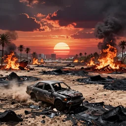 unreal engine fallout far cry style natural disasters wide shot car broken post apocalyptic adrenaline anger oil black tar landscape wasteland miami desert fire craters miami beach sunset fucked up palm trees landscape on fire 80s retrowave